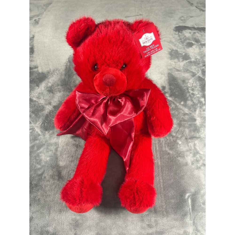 Holiday Time Unisex LG Red Teddy Plush 15in Red Soft Faux Fur Satin Bow